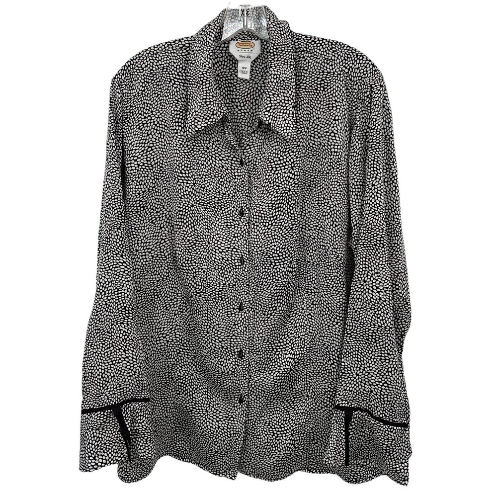 Talbots Pure Silk Blouse Black and Off-White Button Up Bell Cuffs Plus Size 18W